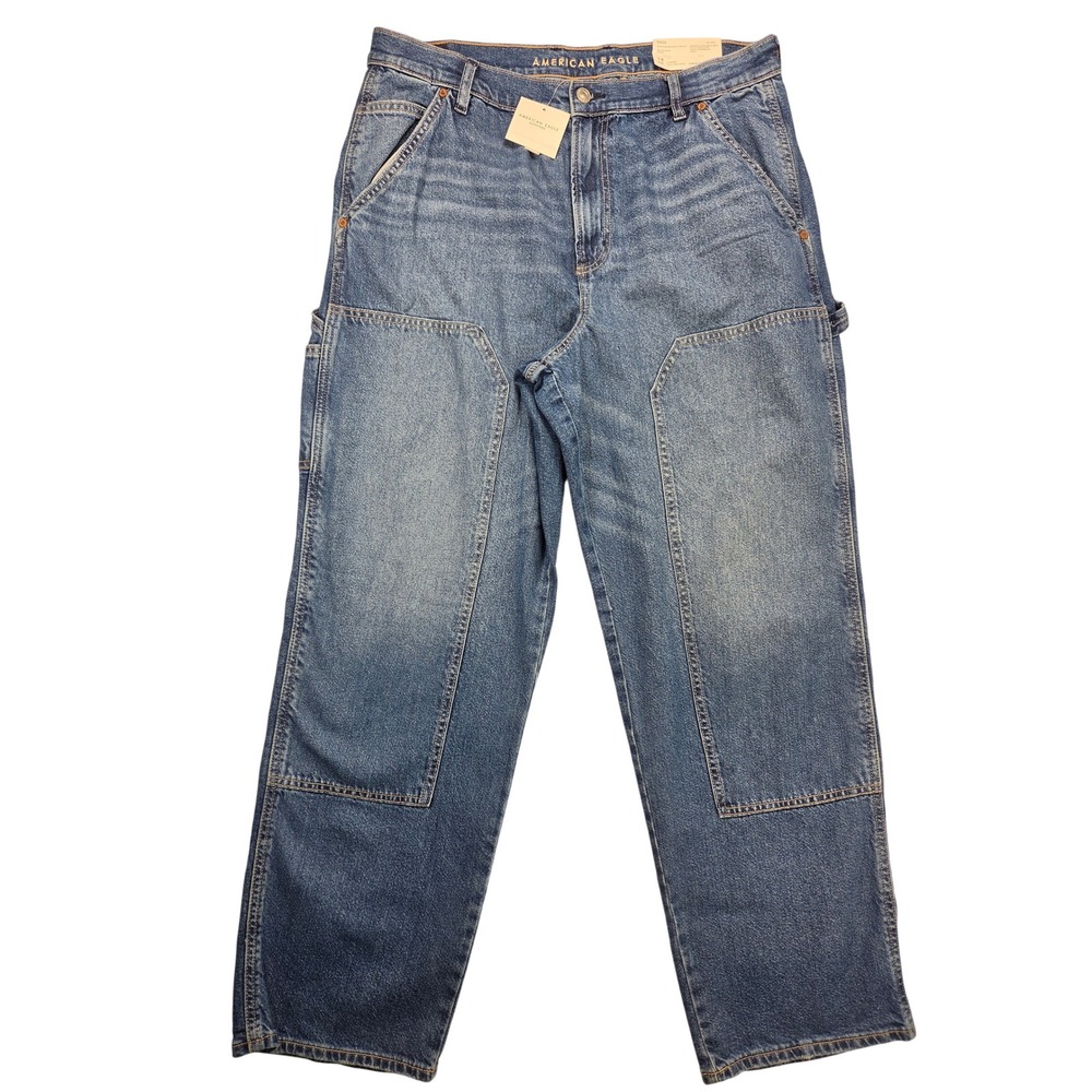 American Eagle Baggy Straight Carpenter Blue Jeans Strigid Women size 14 32W NWT